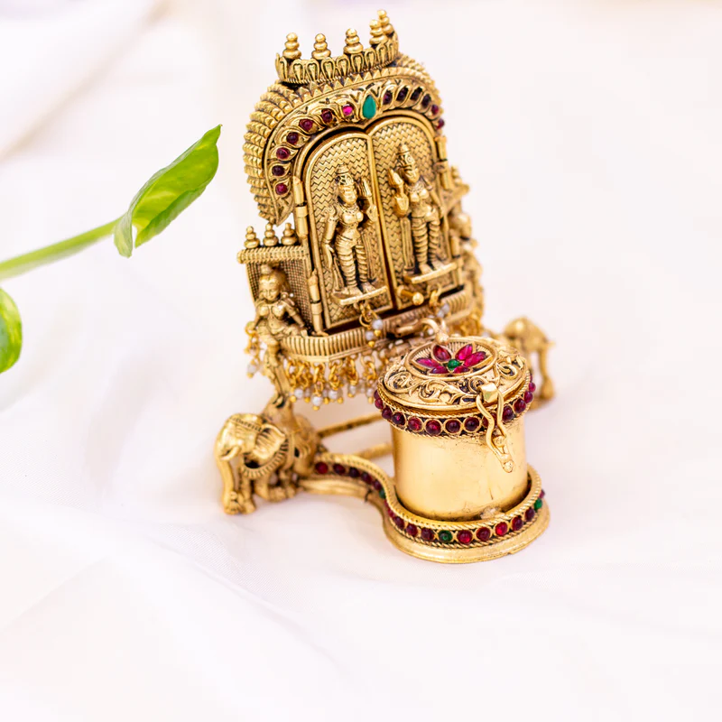 Antique Gold Shiva Parvathi with Dwarapalaka Kumkum Box